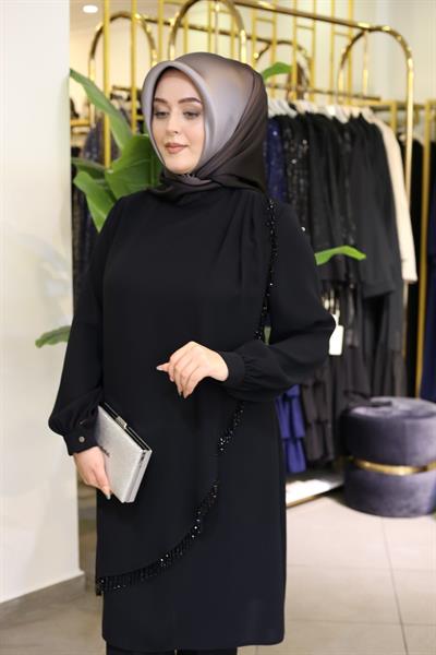 Kuşaklı Gofre Elbise  Siyah