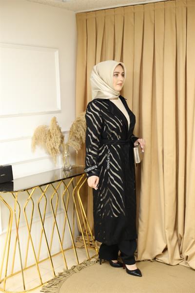 Kuşaklı Gofre Elbise  Siyah