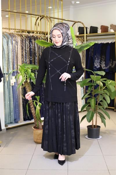 Kuşaklı Gofre Elbise  Siyah